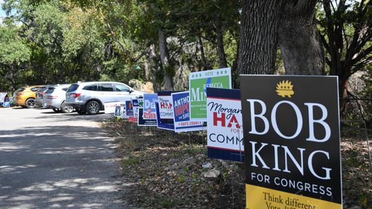 Voting Signs at Wimberley Community Center voting poll.