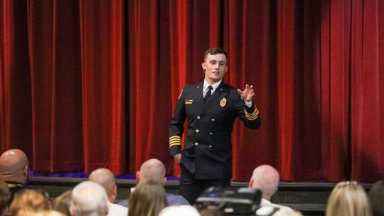 Submitted Photo Wimberley’s new Fire Chief, Chris Robbins, speaking to WISD teachers in 2024.