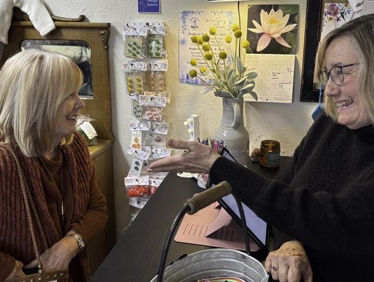 Photo by Teresa Kendrick Weaver Martha Gibson, left, stops in to purchase yarn and shares a laugh with Frolicking Lamb owner, Toni Brace.