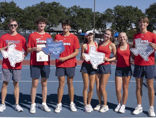 TEXANS TENNIS TEAM SHOWN WITH HONORS FROM STATE CHAMPIONSHIP