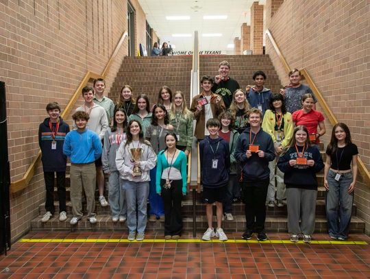 Photo by Allen Bruggman Pictured are some of the Wimberley High School winners after bringing home the UIL championship trophy.