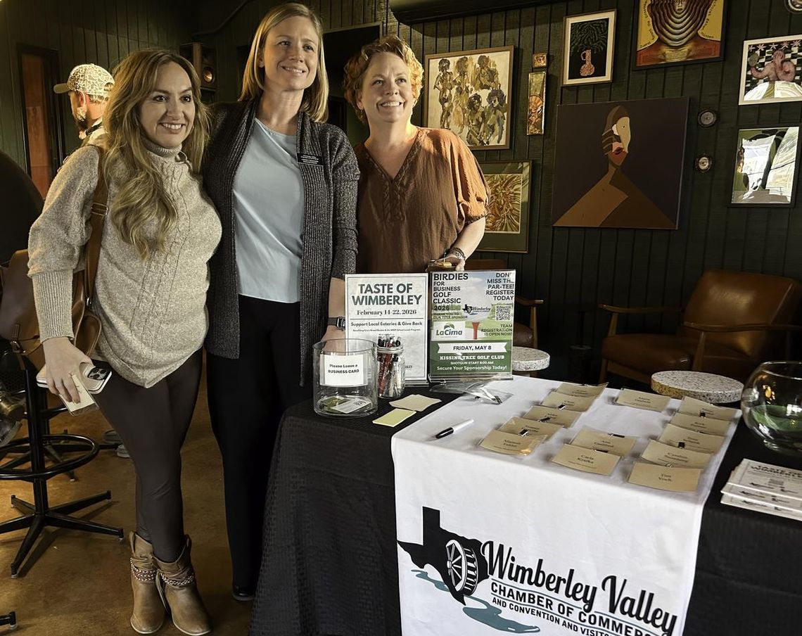Photo by Lauren Koops. Left to right are Jessica Cherry, Ladies Lifestyle Network Hays County, Lindsey Deringer, Wimberley Valley Chamber of Commerce Director and Sara Aragon, the Chamber’s Membership and Operations Manager at a recent Chamber Mixer held at the Senza Maeso Tasting Room and Bar in Sa