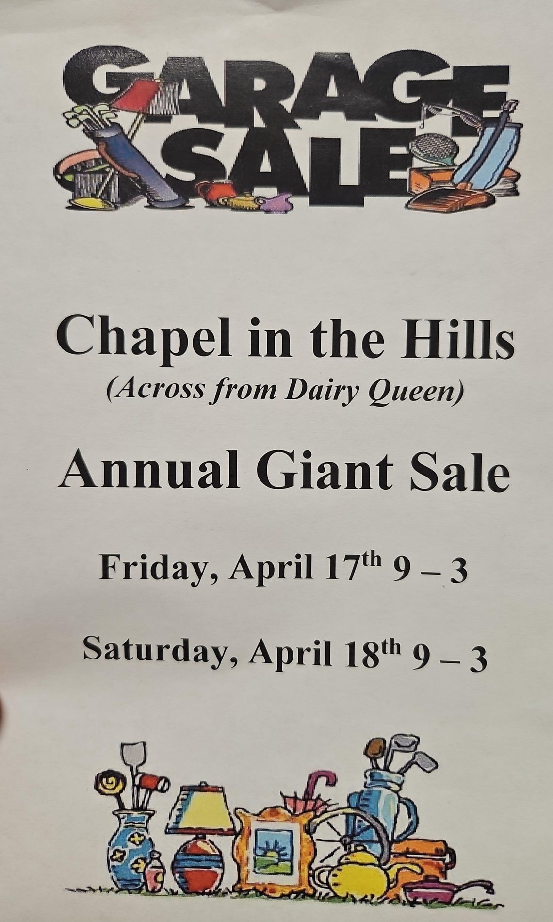 Chapel in the Hills to host annual giant sale April 17–18 Chapel in the Hills to host annual giant sale April 17–18