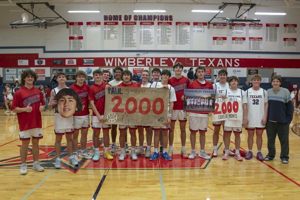 Gumbert-Mendoza scores 2,000th career point as Texans roll through district play Senior Paul Gumbert-Mendoza scored over 2,000 career points in the Texans win over Bandera. Photo by Julie Albini/albini.smugmug.com