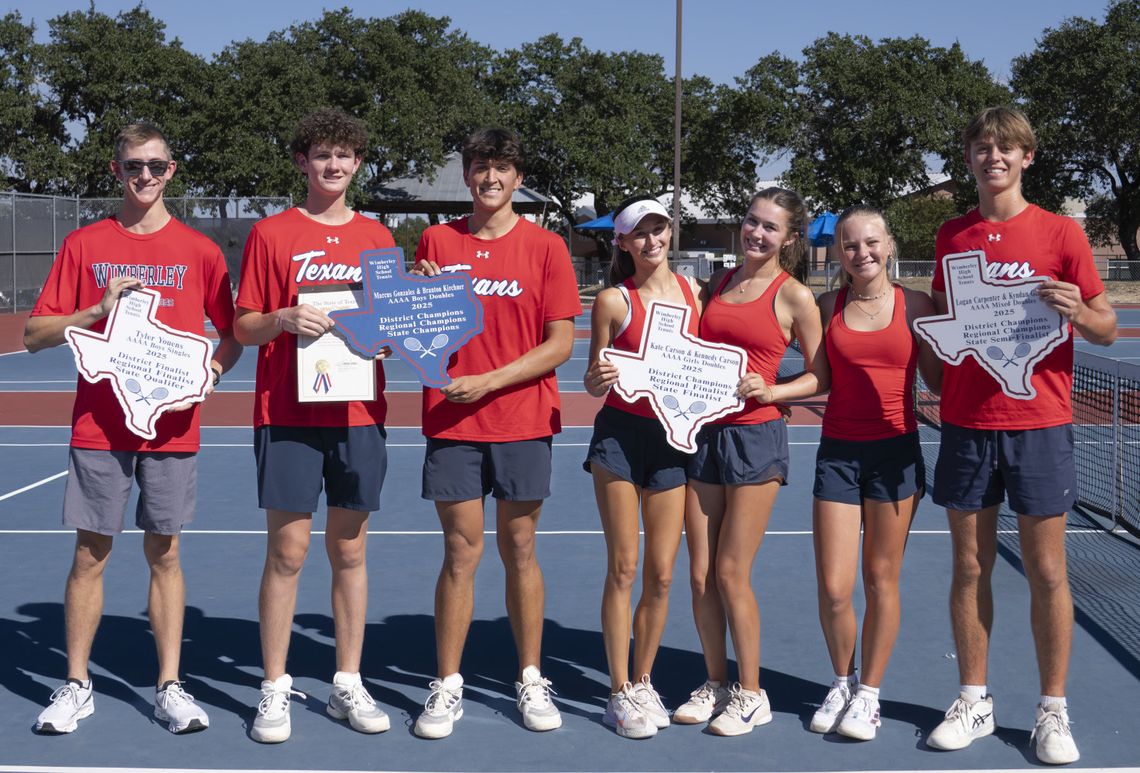 TEXANS TENNIS TEAM SHOWN WITH HONORS FROM STATE CHAMPIONSHIP