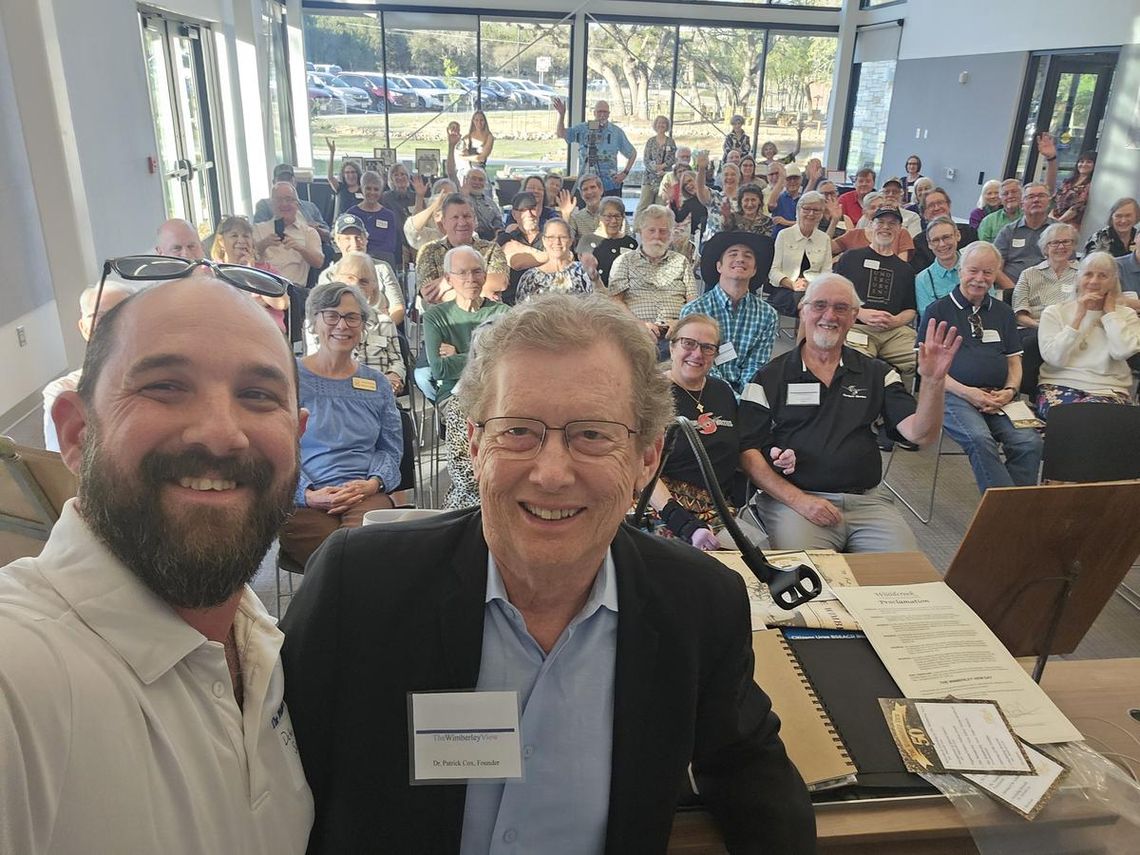 The View that started it all Photo by Dalton Sweat Regional Editor Dalton Sweat, left, Founder Dr. Patrick Cox, writers and the Wimberley community celebrate the 50th anniversary of the Wimberley View.