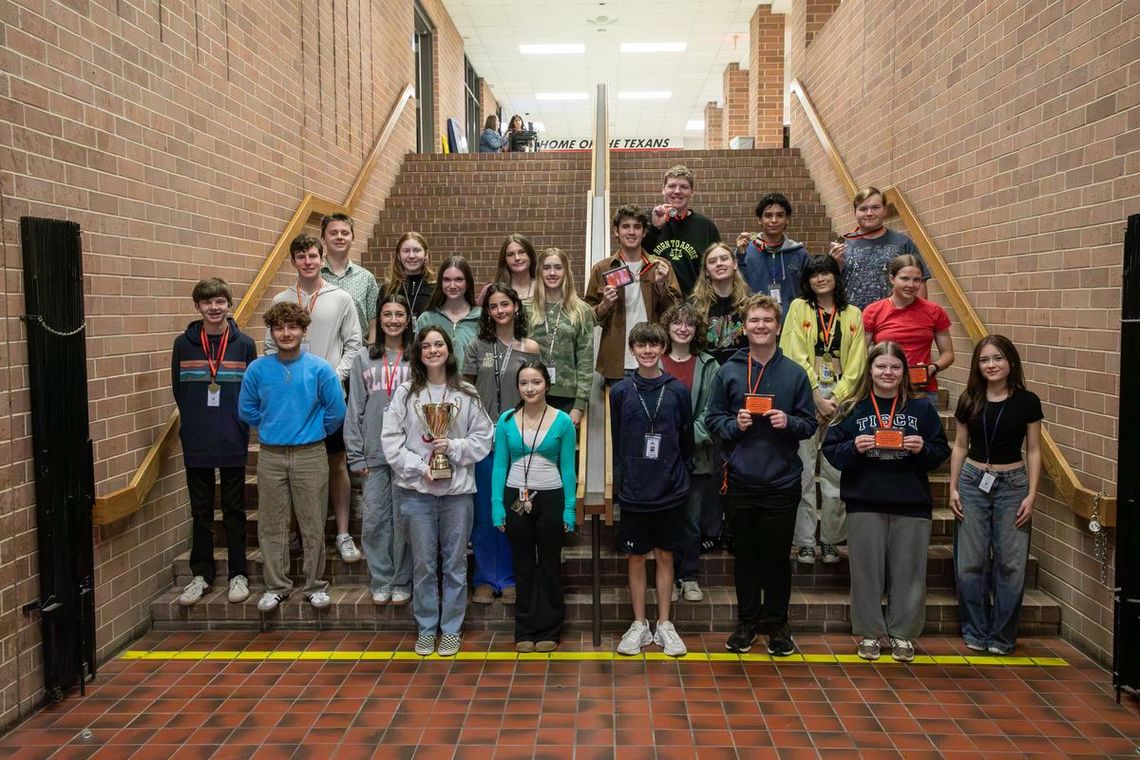 Photo by Allen Bruggman Pictured are some of the Wimberley High School winners after bringing home the UIL championship trophy.
