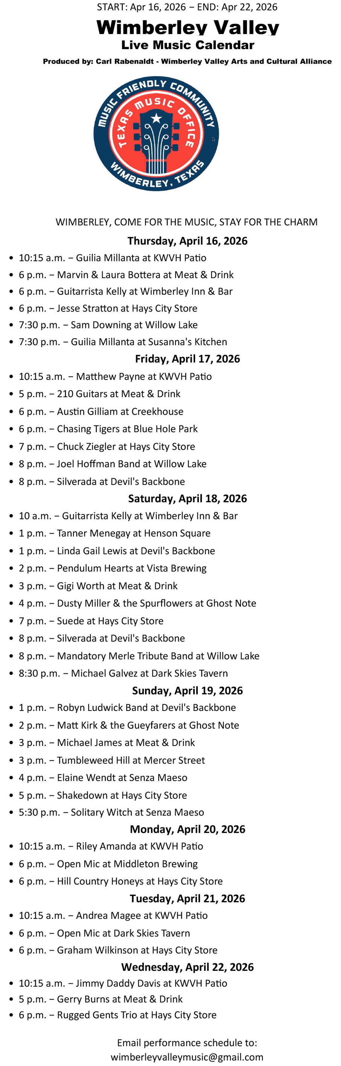 WTX Live Music Calendar April 16-23